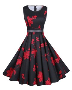 Smart Scoop Knee Length Red And Black Evening Dress Chiffon Sleeveless Sashes|ribbons and Pattern