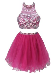 Modern Fuchsia Chiffon Zipper Prom Party Dress Sleeveless Mini Length Beading
