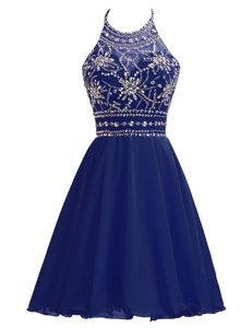 Stylish Mini Length Royal Blue Prom Party Dress High-neck Sleeveless Zipper