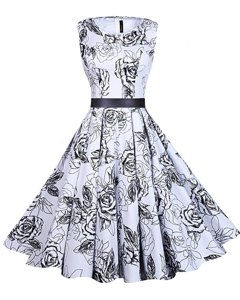 Sweet White And Black Scoop Zipper Sashes|ribbons and Pattern Prom Dresses Sleeveless