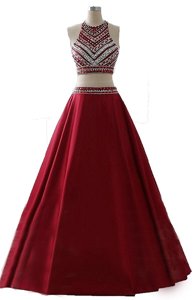 Ideal Scoop Sleeveless Floor Length Beading Zipper Dress for Prom with Wine Red