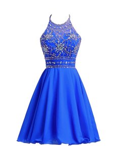 Halter Top Royal Blue Zipper Prom Dress Beading Sleeveless Knee Length