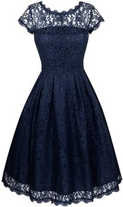 Best Tea Length Navy Blue Prom Party Dress Scalloped Short Sleeves Zipper