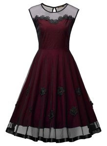 Noble Scoop Embroidery Dress for Prom Burgundy Side Zipper Sleeveless Ankle Length