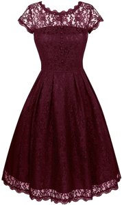 Inexpensive Scalloped Tea Length A-line Short Sleeves Burgundy Prom Evening Gown Zipper
