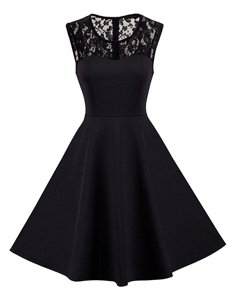 Black A-line Lace Prom Dresses Zipper Satin Sleeveless Knee Length