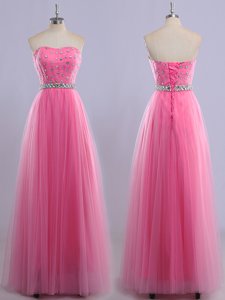Modest Rose Pink Empire Sweetheart Sleeveless Tulle Floor Length Lace Up Beading Dress for Prom