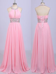 Sweet Halter Top Rose Pink Sleeveless Chiffon Zipper Prom Dresses for Prom
