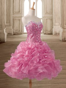 Sleeveless Mini Length Beading and Ruffles Lace Up Prom Dresses with Pink