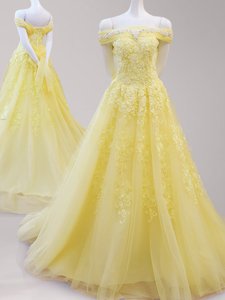 Yellow Off The Shoulder Lace Up Beading and Appliques Prom Gown Cap Sleeves