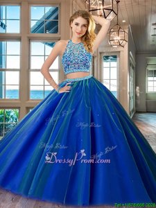 Traditional Royal Blue Two Pieces Scoop Sleeveless Tulle Floor Length Backless Beading Quinceanera Dresses