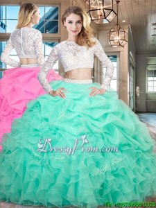 Popular Long Sleeves Beading and Lace and Ruffles Zipper Quinceanera Dresses