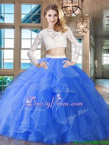 Hot Selling Zipper 15th Birthday Dress Blue and In forMilitary Ball and Sweet 16 and Quinceanera withBeading and Lace and Ruffles Brush Train