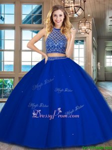 Modern Floor Length Royal Blue Vestidos de Quinceanera Tulle Sleeveless Spring and Summer and Fall and Winter Beading