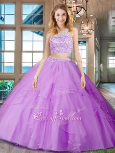 Traditional Two Pieces 15th Birthday Dress Lilac Scoop Tulle Sleeveless Floor Length Backless