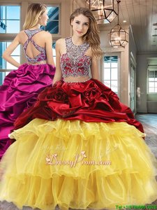 Sophisticated Wine Red and Yellow Organza and Taffeta Criss Cross Scoop Sleeveless With Train 15 Quinceanera Dress Brush Train Beading and Ruffled Layers and Pick Ups
