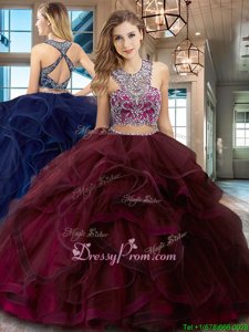 Exquisite With Train Two Pieces Sleeveless Burgundy 15th Birthday Dress Brush Train Criss Cross