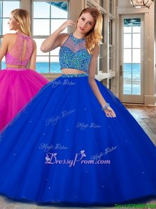 Eye-catching Royal Blue Two Pieces High-neck Sleeveless Tulle Floor Length Lace Up Beading 15th Birthday Dress