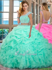 Modern Apple Green Two Pieces Organza Scoop Cap Sleeves Beading and Ruffles Floor Length Backless Sweet 16 Dress