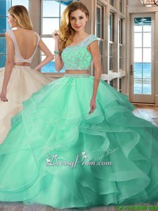 Dramatic Apple Green Organza Backless Quinceanera Dress Cap Sleeves Floor Length Beading and Ruffles