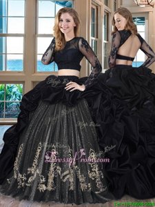 Fancy Black Taffeta Backless Scoop Long Sleeves With Train Ball Gown Prom Dress Brush Train Embroidery and Pick Ups
