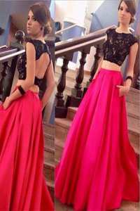 Hot Sale Scoop Short Sleeves Lace Backless Prom Evening Gown with Pink And Black Brush Train