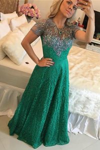 Comfortable Green Lace Zipper Scoop Short Sleeves Floor Length Prom Dress Beading
