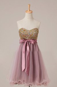 High End Knee Length Pink Prom Dresses Tulle Sleeveless Sashes|ribbons and Sequins