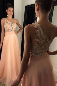 Peach Side Zipper One Shoulder Beading and Lace Dress for Prom Chiffon Sleeveless Sweep Train