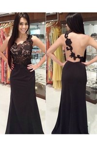 Eye-catching Black Column/Sheath Scoop Sleeveless Lace With Brush Train Backless Appliques Prom Evening Gown