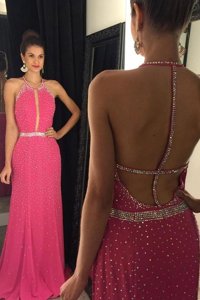 Scoop Hot Pink Sleeveless Elastic Woven Satin Sweep Train Backless for Prom