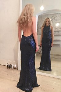 Exquisite Mermaid Scoop Sequins Navy Blue Sleeveless Sequined Backless Prom Party Dress for Prom