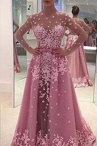 Sexy Lilac Long Sleeves Tulle Sweep Train Zipper Prom Gown for Prom