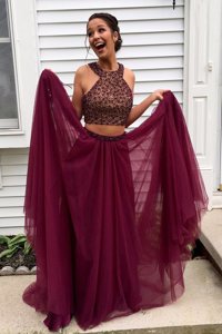 Halter Top Burgundy Sleeveless Tulle Sweep Train Backless Prom Gown for Prom