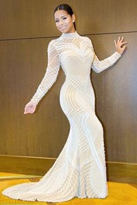 Modern Mermaid White Long Sleeves Beading Backless Evening Dress