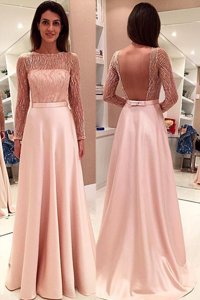 Pink Backless Prom Gown Beading Long Sleeves With Train Sweep Train