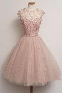 Scoop Cap Sleeves Knee Length Appliques Zipper Prom Gown with Pink