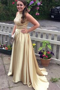 Fine Satin Sleeveless With Train Prom Gown Sweep Train and Beading