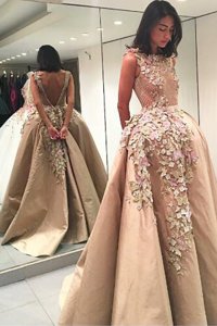 Gorgeous Bateau Sleeveless Prom Evening Gown Floor Length Lace and Appliques Champagne Satin