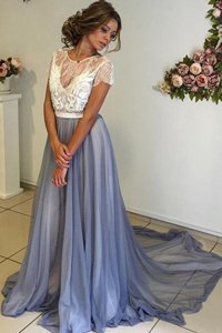 Scoop Cap Sleeves Chiffon Court Train Backless Homecoming Dress in Grey for with Lace and Bowknot