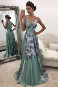 Sophisticated Green Empire Pattern Prom Dresses Zipper Chiffon and Printed Sleeveless With Train