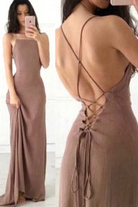 Sleeveless With Train Ruching Criss Cross Dress for Prom with Brown Sweep Train