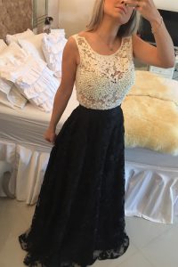 White And Black Side Zipper Scoop Beading and Lace Dress for Prom Lace Sleeveless