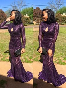 Sequins Mermaid Long Sleeves Eggplant Purple Dress for Prom Sweep Train Zipper