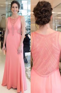Latest Mermaid Elastic Woven Satin Scoop Sleeveless Zipper Beading Prom Gown in Watermelon Red