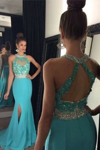 On Sale Halter Top Sleeveless Homecoming Dress With Brush Train Beading and Appliques Aqua Blue Elastic Woven Satin