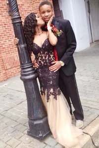 Sexy Mermaid Champagne Prom Evening Gown Prom and Party and For with Lace Spaghetti Straps Sleeveless Lace Up