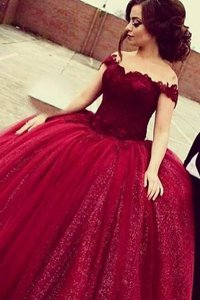 Perfect Wine Red Sequined Zipper Off The Shoulder Short Sleeves Floor Length Prom Dresses Lace