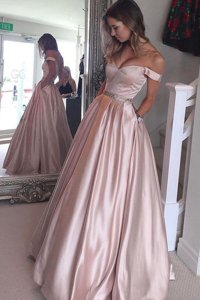 Off the Shoulder Floor Length Pink Prom Evening Gown Satin Short Sleeves Beading