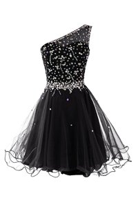 Custom Made Black A-line Organza One Shoulder Sleeveless Beading Mini Length Side Zipper Prom Gown